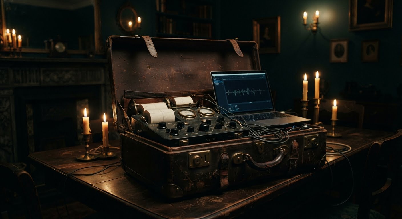 An open leather case holding a vintage polygraph with chart-paper rolls, brass dials and knobs, wired to a laptop showing a live trace, lit by candles